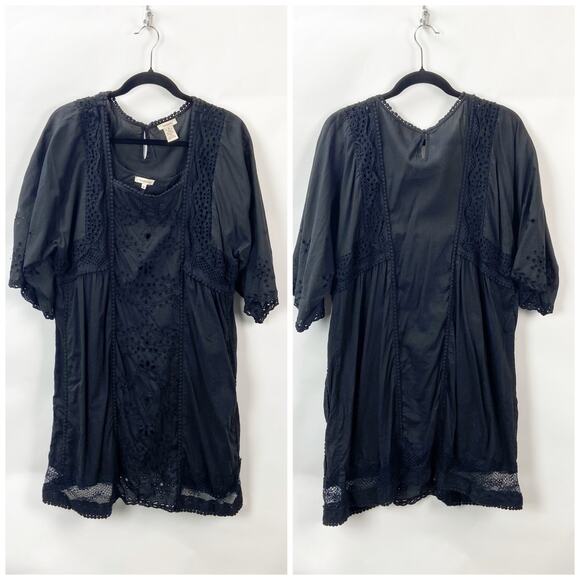 Sundance Medium Womens Black Bella Notte Eyelet Boho Flowy Layer Shift Dress - Picture 2 of 8